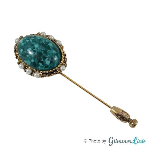 Vintage Oval Mottled Green Cabochon Faux Pearl Filigree Gold Tone Stick Pin - Picture 1 of 10